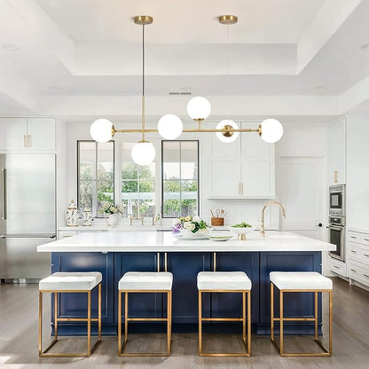 KCO Lighting Modern Globe Linear Chandelier 6 Light Milk Glass Chandeliers White and Gold Pendant Light Fixture Mid Century Rectangle Chandelier Brass Sputnik Island Lights for Kitchen