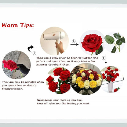 Red Fake Roses Artificial Flowers - 16 Pcs Fake Artificial Roses Silk Flowers with Stems for Home Wedding Hotel Office Centerpiece Decor