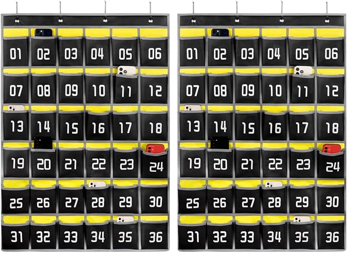 Loghot Classroom Accessories Closet Pocket Chart for Cell Phones Holder Wall Door Hanging Organizer (36 Pockets Black 2Pc)