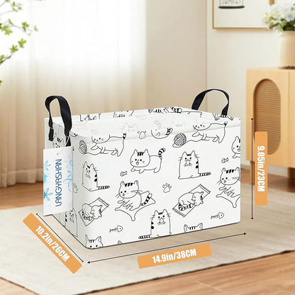 LANGYASHAN Rectangular Storage Bin Collapse Canvas Fabric Cartoon Storage Basket with Handles for Organizing Home Kitchen Boys and Girls Toys Office Closet Shelf Baskets (Rec Cat)