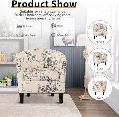 INZOY Modern Accent Chair with Ottoman for Small Space, Club Chair with Ottoman Set, Comfy Fabric Barrel Reading Chairs for Living Room Bedroom, Round Reading Chair with Foot Rest, Flower Pattern