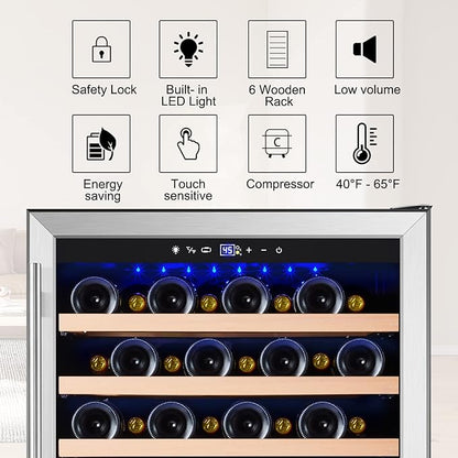 Tylza 24 Inch Wine Cooler Refrigerator, 51 Bottle Built-in or Freestanding, 24'' Fridge with Stainless Steel & Double Layer Tempered Glass Door and Temperature Memory Function