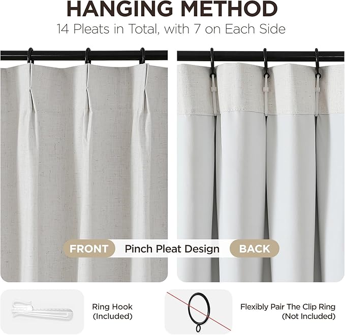 Joydeco 100% Blackout Pleated Curtains, Linen Window Curtains 2 Panel Sets 108 inches Long, Thermal Insulated Darkening Drapes for Bedroom(Ivory,40'' Wx108'' L)