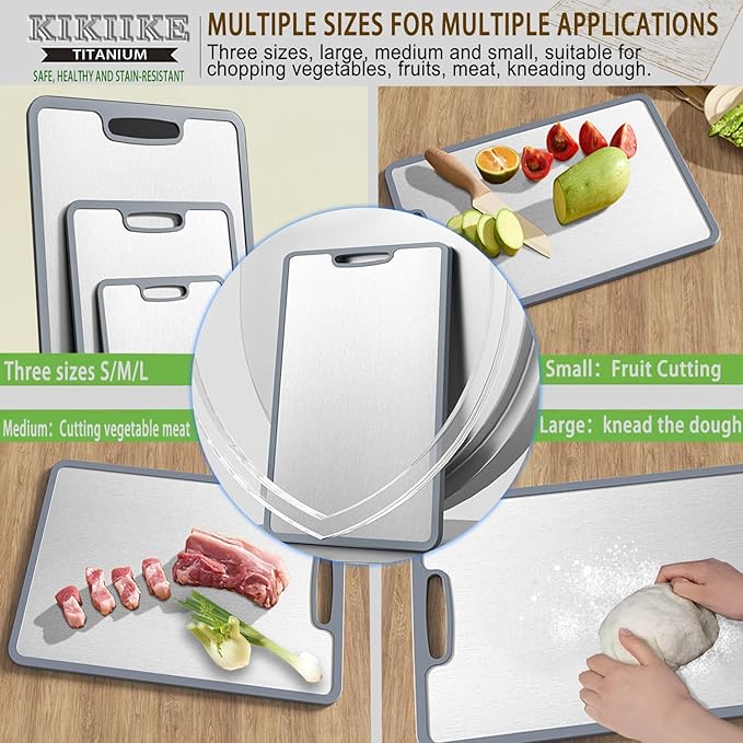 Titanium Cutting Board Double-sided non-slip silicone edging Pure Titanium Cutting Boards for Kitchen - Double-Sided Food-Grade Chopping Board Non-Stick Durable and easy to clean (3-Piece S/M/L)
