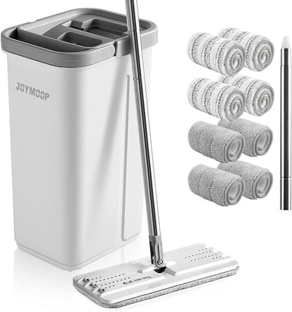 JOYMOOP Mop and Bucket with Wringer Set, Hands Free Flat Floor Mop and Bucket, with 8 Washable Microfiber Pads, Wet and Dry Use, Floor Cleaning System
