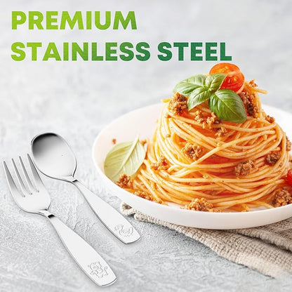 Toddler Utensils 4 Set, Kids Stainless Steel Silverware Set - 2pcs Forks and 2pcs Spoon, Cute Children Flatware Sets with Mirror Polished, Self Feeding Safe, Dishwasher Safe