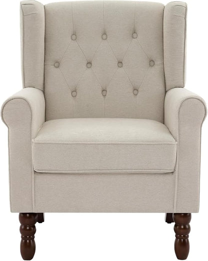 UIXE High Back Accent Chair, Upholstered Armchair in Fabric for Living Room, Retro Wingback Arm Chair Comfy Single Sofa Bedroom Reading Seat with Solid Wood Legs - Beige
