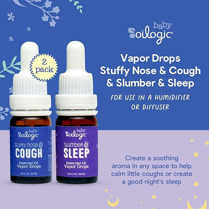 Oilogic Baby Essential Oil Vapor Drops for Diffuse & Humidifier, 2-Pack Set with Stuffy Nose & Cough + Slumber & Sleep - Baby Aromatherapy Oil is Safe for Babies, Kids & Toddlers