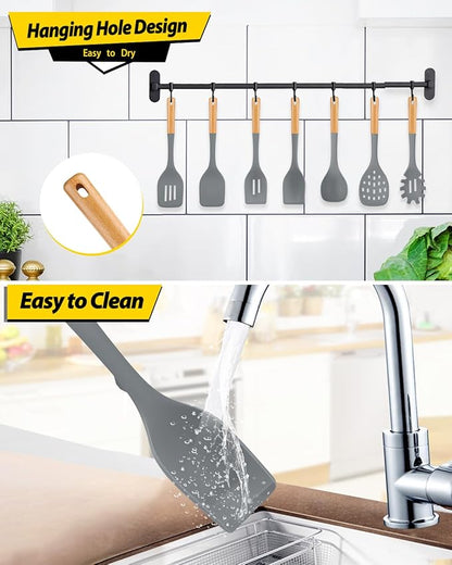 Silicone Kitchen Utensil Set for Non Stick Cookware, 7 Pcs Heat Resistant Cooking Utensils with Wooden Handle, BPA Free Kitchen Tools with Spatulas, Spoons, Skimmer and Pasta Fork (GRAY)