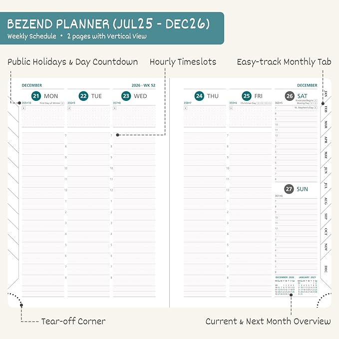 BEZEND Planner 2025-2026 Weekly and Monthly, 5.8" x 8.5" Academic Calendar (Jul 25-Dec 26) Vertical Daily Appointment with Hourly Timeslot & Monthly Tab, PU Leather Hardcover - Black