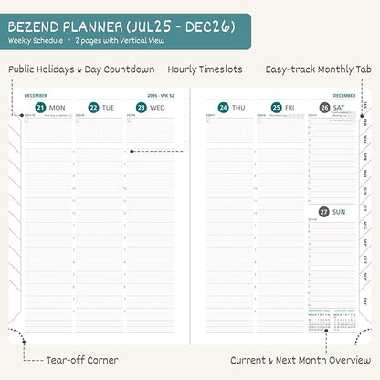 BEZEND Planner 2025-2026 Weekly and Monthly, 8.5" x 11" Academic Calendar (Jul 25-Dec 26) Vertical Daily Appointment with Hourly Timeslot & Monthly Tab, PU Leather Hardcover - Black