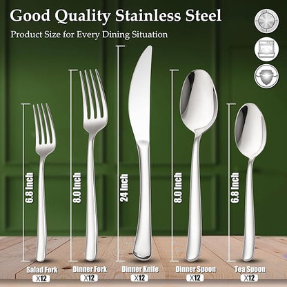 Aisoso 60-Piece High-End Silverware Set with Forks Spoons and Knives, Stainless Steel Serving Utensils for 12 with Mirror Finished Handle, Durability and Dishwasher Safe for Restaurant, Weddings