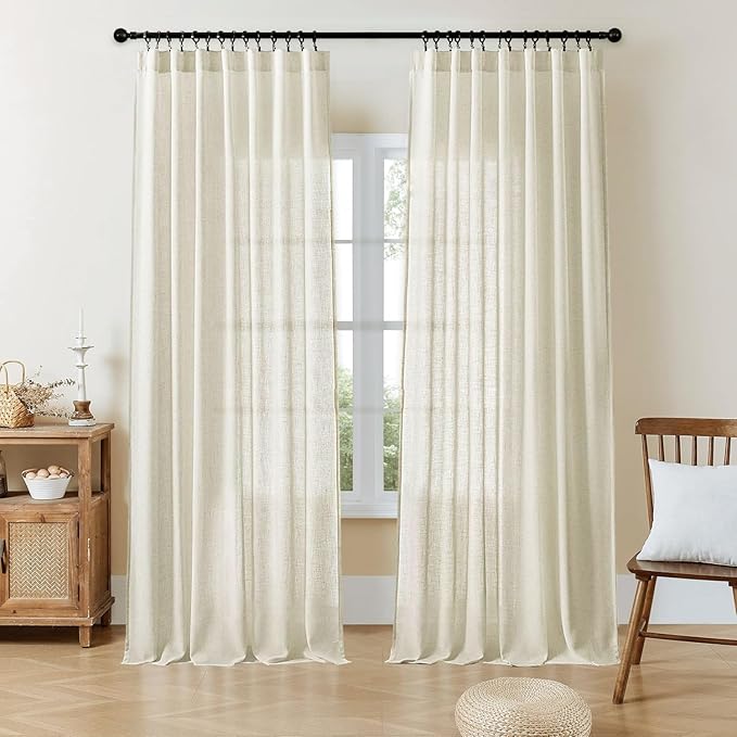 Joydeco Linen Curtains 96 Inch Length 2 Panel Sets,Light Filtering Curtains for Bedroom 52 Inch Wide Living Room Drapes with Back Tabs & Rod Pockets (W52 x L96 Inch, Beige)