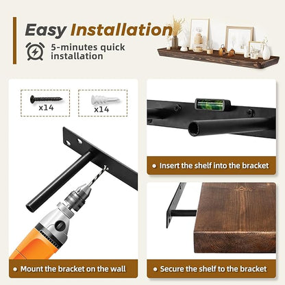 36"x6.8"x1.6" Slanted Floating Wall Shelves 2-Pack - Rustic Brown Finish, Heavy-Duty Solid Wood Design with Hidden Brackets - Perfect for Living Room, Kitchen, Bathroom, or Office