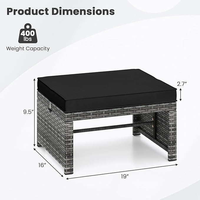 Tangkula 2 Pieces Patio PE Rattan Ottomans, Multipurpose Outdoor Footstool Footrest Additional Seating Side Table with Soft Zippered Cushions for Deck, Garden, and Yard (Black)
