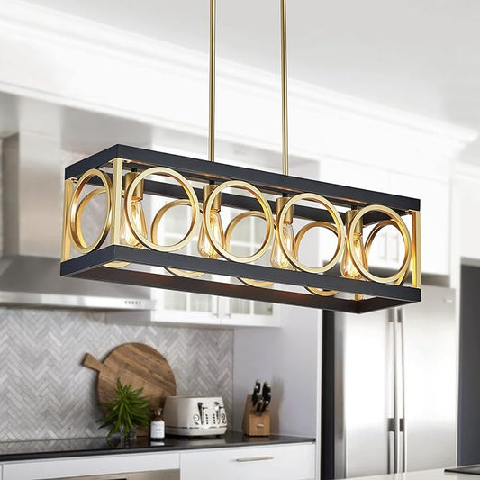 XINGQI Modern Rectangle Chandelier, Farmhouse Kitchen Island Lighting Rustic Industrial Hanging Light Fixture 4-Light Metal Linear Pendant for Dining Room Living Room Hallway, Black and Gold