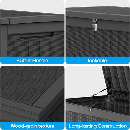 Large Deck Box 260 Gallon, Resin Patio Storage Box with Lockable Lid for Patio Furniture, Garden Tools, Pool Accessories, Weatherproof Outdoor Storage Bin, Black
