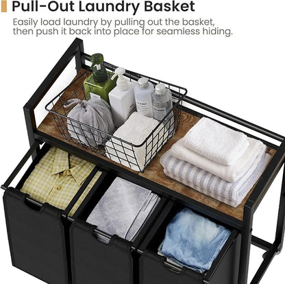 Laundry Hamper, Laundry Basket, Laundry Sorter with 3 Removable Bags, Clothes Basket with 3 Compartments, Wheels, Shelf for Laundry Room Bathroom Bedroom (3 Bags-Black)