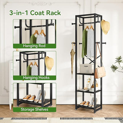 IBUYKE Coat Rack with Shelves, Freestanding Hall Tree with 3 Shelves and 8 Hooks, Industrial Clothes Stand for Entryway, Hallway, Bedroom, Black UTMJ088B