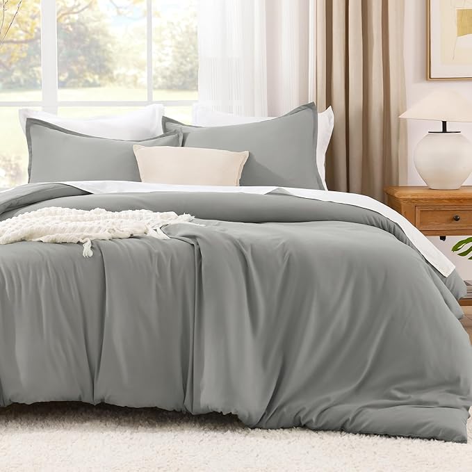 Litanika Comforters Medium Gray Super King Plus Size, 3 Pieces Lightweight Solid Bedding Set & Collections, All Season Fluffy Bed Set (128x120In Comforter & 2 Pillowcases)
