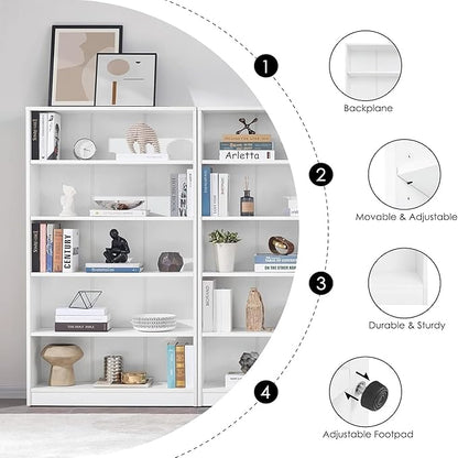 Bookshelf, Open Modern Bookshelf, 5 Shelf Bookcase with Freestanding Display Storage, Wooden Book Shelf for Bedroom, Living Room, Dinning Room, Office, 60 Inch, White