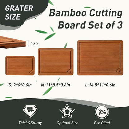 3 Packs Bamboo Cutting Board Set with Non Slip Feet and Over Sink Nice Solid Thick Wood Juice Groove Chopping Board Extra Large Big Small Best Hardwood Counter Organic Vegetable Kitchen Gadgets