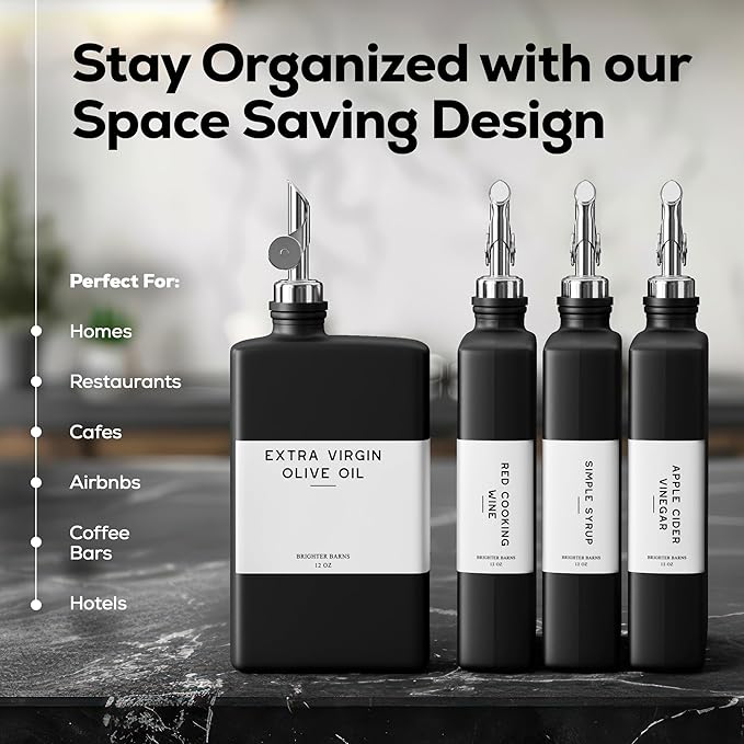 Black Glass Olive Oil Dispenser Bottle for Kitchen by Brighter Barns - Soy Sauce Dispenser, Coffee Syrup Bottle - Modern Kitchen Decor for Restaurant, Airbnb, Coffee Bar Accessories (Black, Set of 2)