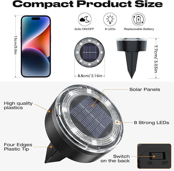 Mini Outdoor Solar Lights，4 Pqck Solar Garden Lights for Outside IP65 Waterproof, 8 LED Disc Landscape Lighting for Garden Yard Driveway Walkway Poolside Deck Lawn Patio,Cold White