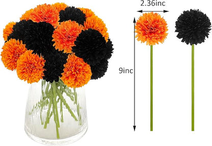 Kimura's Cabin 20Pcs Faux Mums Flowers Fake Chrysanthemum Artificial Silk Ball Flowers for Halloween Garden Home Kitchen Table DIY Decoration Center Fall Bouquets (Orange Black)