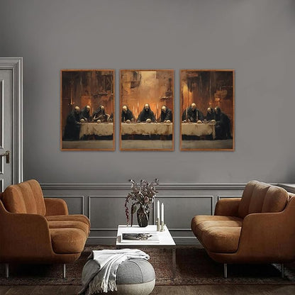 KAIRNE Framed Skeleton Canvas Wall Art,Abstract Retro Skull Pictures Set of 3(16”X24”),Scary Halloween Prints,Horror Wall Art,Skeleton Last Supper Posters for Living Room Bedroom Ding Room Decoration