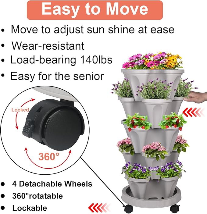 Vertical Planter 5 Tier Stackable Planters Garden Planters Strawberry Herb Flower and Vegetable Planter Indoor Outdoor Gardening Pots with Removable Wheels and Tools