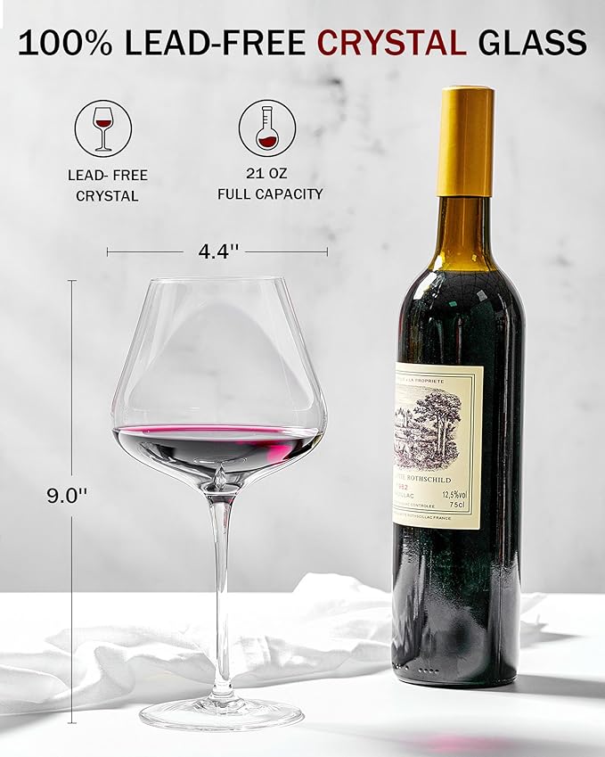 JBHO Set of 4-21 Ounce Hand Blown Italian Style Crystal Burgundy Wine Glasses - Lead-Free Premium Crystal Clear Glass - Gift-Box for any Occasion