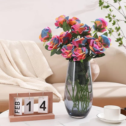 Rainbow Fake Roses Artificial Flowers - 10 Pcs Fake Artificial Roses Silk Flowers with Stems for Home Wedding Hotel Office Centerpiece Decor（Rainbow）