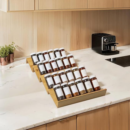 Bamboo Spice Rack For Drawer,4Pcs Tier Stackable Seasoning Storage Organizer Insert,for Kitchen Condiments Storage Insert(Jars Not Included,Combined Size:18.9" D x 9.5" W x 1.8" H）