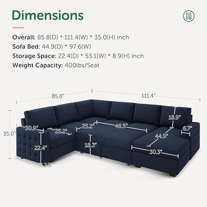 HONBAY Sleeper Velvet Blue Sectional Couch with Pull-Out Bed, Storage Chaise for Living Room