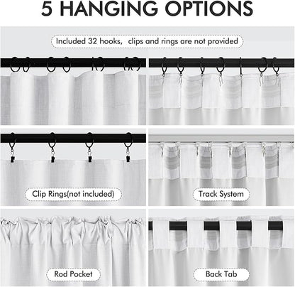 MIULEE 100% Blackout Curtains 102 Inch Long 2 Panels Set for Bedroom, Thick Faux Linen Black Out Curtain Room Darkening Back Tab Pleat Window Textured Drapes with Hooks for Living Room, Bright White