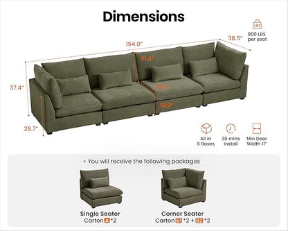 Oversized Modular Sofa, Extra Deep Cloud Chenille Sectional Couch with Ottoman Chaise, Fluffy Chenille 4 Seater Sofa for Living Room, Villa (Basic 4 Seater, Chenille Green)