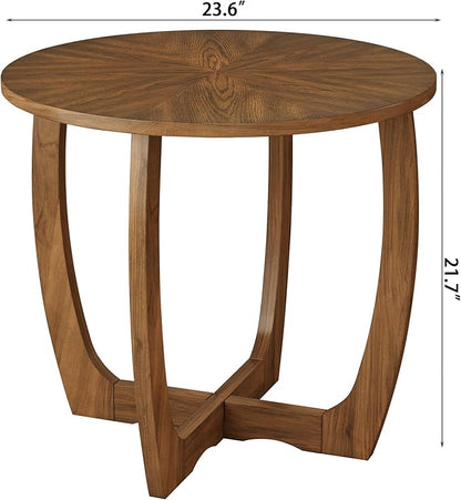 PADMA HOUSE Round Wood End Table with Curved Legs, Drum Circle Side Table with Snowflake Tabletop, Rounded Wooden Sofa Side Table, Brown Walnut Wood Tabletop & Legs 23.6" x 21.7"