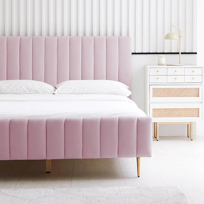 Livinia Twin Size Elton Velvet Platform Bed, Upholstered Bed Frame with Vertical Channel Tufted Headboard Footboard, Strong Wood Slats, No Box Spring Needed, Pink (Twin)