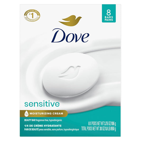 Jabón en Barra Dove Belleza Piel Sensible, 8 barras para piel sensible, sin fragancia e hipoalergénico 106 g