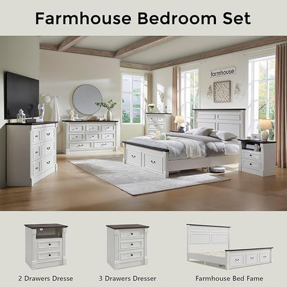 26" Tall Farmhouse Night stand Set of 2, 2 Drawers End Table w/Charging Station, 23.6" Wide Wood Side Table w/Roman Column, Large Rustic Sofa Table w/Open Shelf, Bedside Table for Bedroom, White