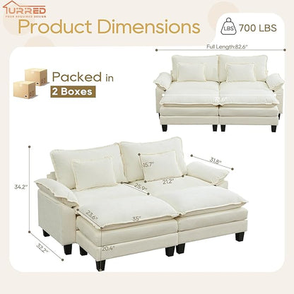 URRED Modular Sectional Sofa Comfy Cloud Couch, Modern Chenille Sofa Sleeper Deep Seat Couches with Ottoman/Pillows for Living Room (White, 82.6''- 2 Ottomans)