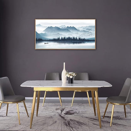 Indigo Framed Canvas Wall Art Misty Mountain Wall Pictures Foggy Lake Boat Canvas Painting Prints Forest Birds Canvas Wall Decor for Living Room Bedroom Decorations Framed 20" x 40" Natural