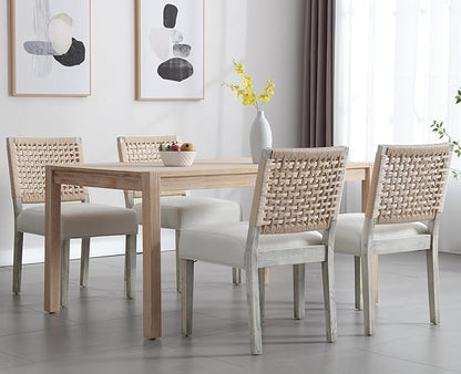 Kmax Farmhouse Dining Chairs Set of 2, Rustic Kitchen Chairs with Linen Fabric Seat and Woven Back, Vintage Accent Chairs for Dining Room, Living Room, Ivory