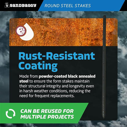Sandbaggy Round Steel Concrete Form Stakes with Nail Holes - Rust Resistant Coating - Removable, Reusable (200, 3/4 in X 24 in)