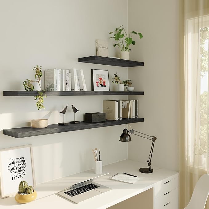 Large Floating Shelves for Wall Set of 3 Wooden Wall Shelves 24 in x 12.75 in x 2 in Room Decor Long Shelf with Invisible Wall Mount Bracket for Bedroom Kitchen Living Room Black Wood