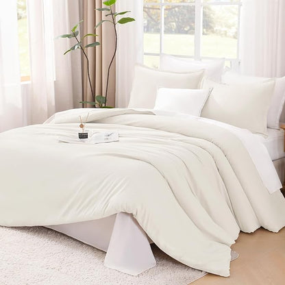 Litanika Comforters Ivory Oversized King Size, 3 Pieces Lightweight Solid Bedding Comforter Set, All Season Fluffy Bed Set (120x98In Comforter & 2 Pillowcases)