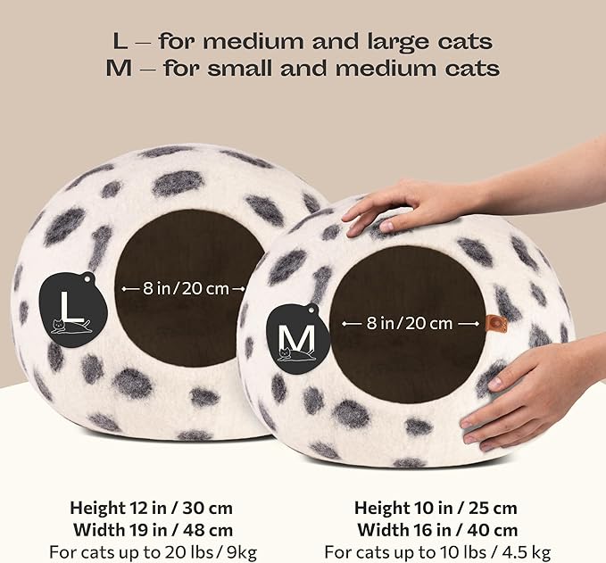 MEOWFIA Cat Cave – Premium Felt Cat Bed for Indoor Cats, Handmade 100% Merino Wool (Medium, Snow Leopard)