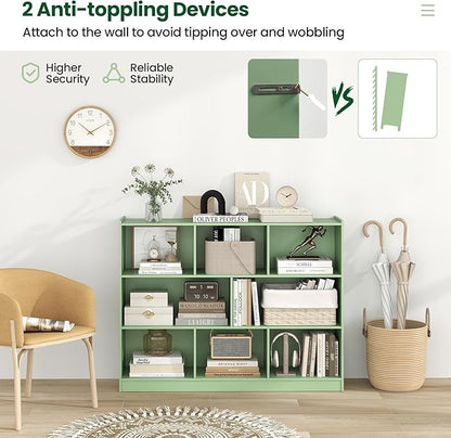 Tangkula 8-Cube Bookcase, Wood 3 Tier Open Storage Bookshelf, Modern Multipurpose Display Cabinet for Living Room, Study, Reading Nook, 48 x 12.5 x 36.5 Inch (Green)