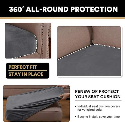 PrinceDeco Stretch Sofa Cushion Covers for Couches and Sofas,Soft Velvet Couch Seat Covers, Sofa Covers Washable, Seat Cushion Cover for 3 Couch Sofa Pet Friendly - Grey, Each Width Up to 29.5"